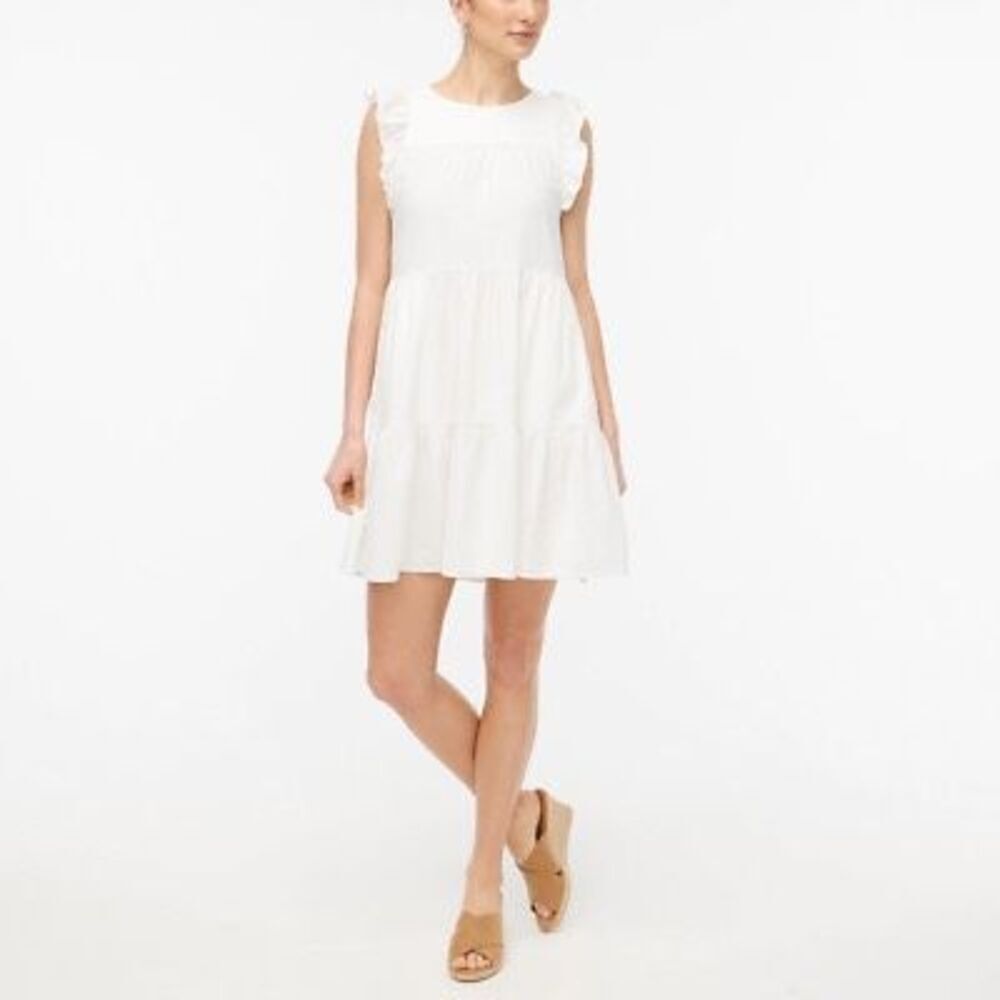 J. Crew White Linen Blend Tiered Flutter Sleeve Mini Dress Size M/8